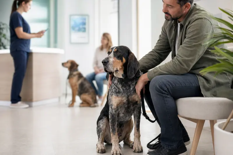 Ein English Coonhound sitzt ruhig neben seinem Besitzer im hellen Wartezimmer einer modernen Tierarztpraxis.